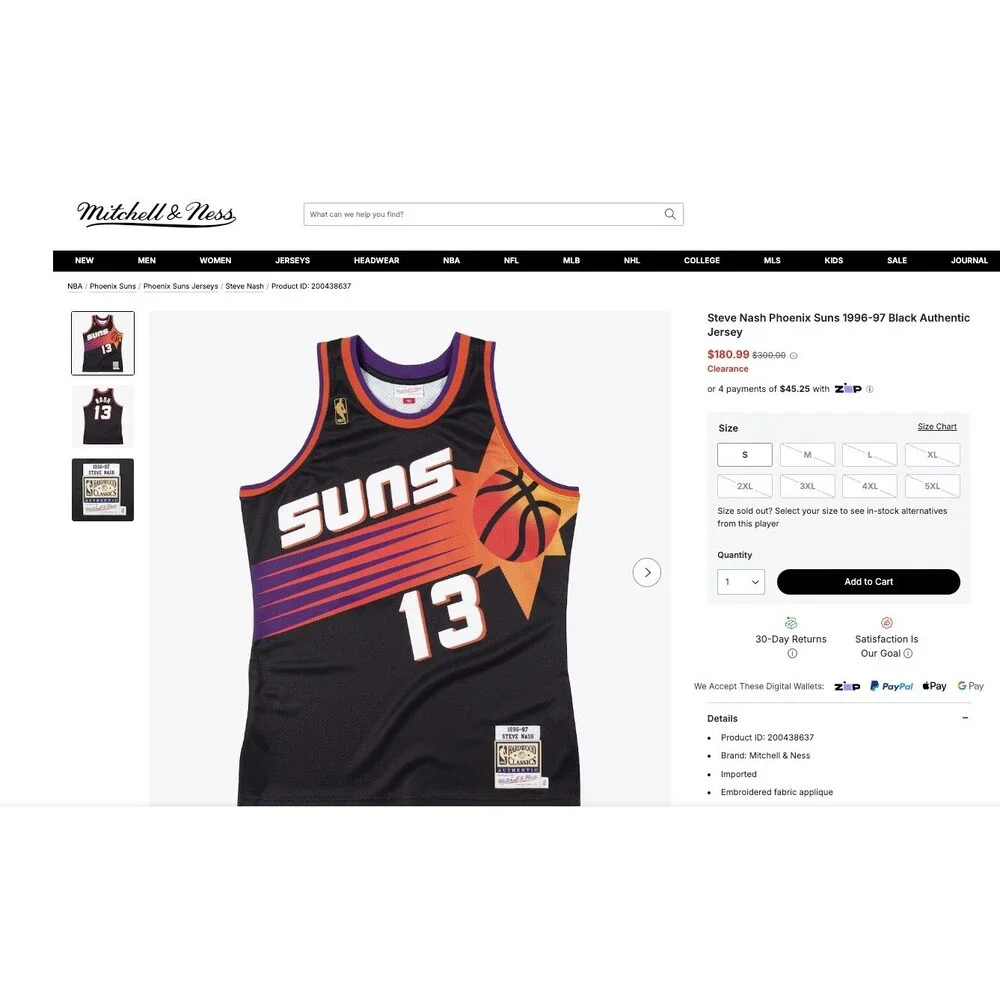 AUTHENTIC MITCHELL & NESS STEVE NASH NBA JERSEY SIZE 48 XL PHOENIX SUNS